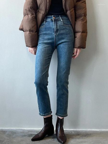 Frauen Jeans Casual Vintage für Frauen schlanker gerader Jeanshose 2024 Herbst Winter Mode High Taille Stretch Cropped Girl