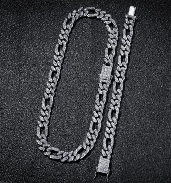 Hip Hop 13mm Iced Out Chain Link Chain 31 Figaro Cântio Colar Tensão Configuração de Cristal Bling Men Bracelet Mens5201617