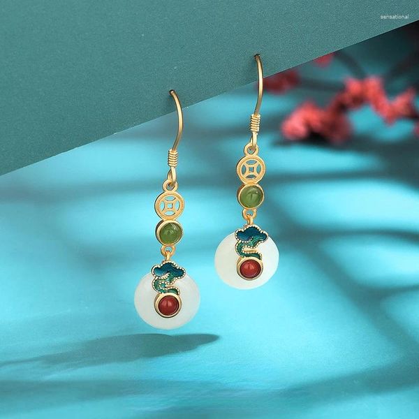 Brincos de moda de moda estilo chinês étnico 925 prata esterlina dourada dourada natural hetian jade cloisonne nuvem sul vermelho para mulheres presentes