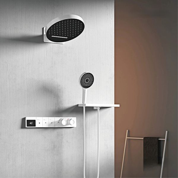 Sistema de chuveiro de latão branco de luxo com design montado na parede LED DIVILE