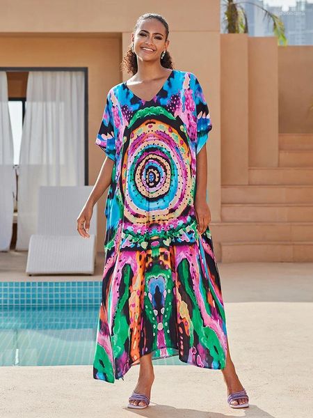 Kaftan -Kleider für Frauen plus Größe Regenbogenabdruck Schwimmanzug Decken Sie die Sommer -Leichtbekleidung Robetunic Loungewear für leichte Strandkleidung