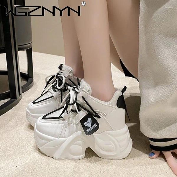 Sapatos casuais 9.5cm Women Platform Sneakers Lace-up Autumn Sports Dad High Top Chunky Mulher grossa de malha branca