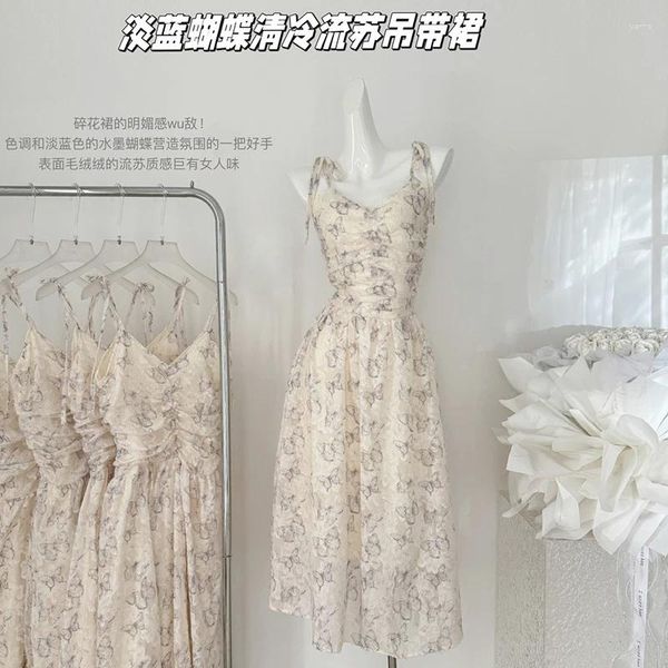 Lässige Kleider Koreaner Mode Schmetterling Print Romantic Retro Party Kleid Sommer Elastizier Hochtaille Urlaub Long Beach Vestido