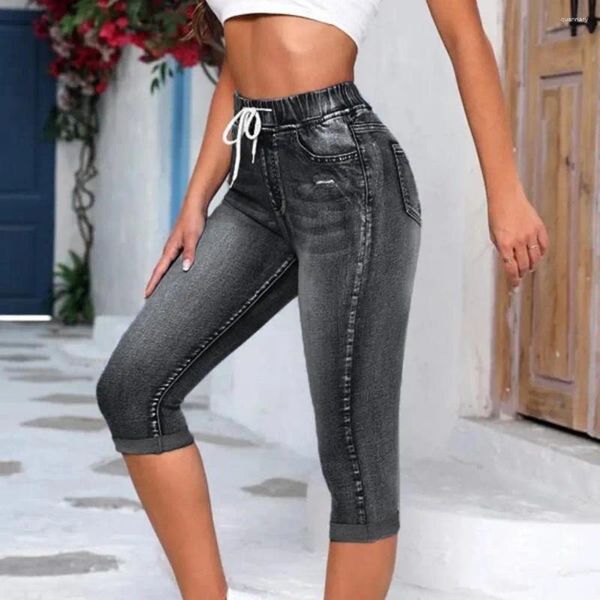 Jeans femininos Mulheres da cintura elástica vintage calça de jeans de alta colaboração cortada com efeito levantado para homens