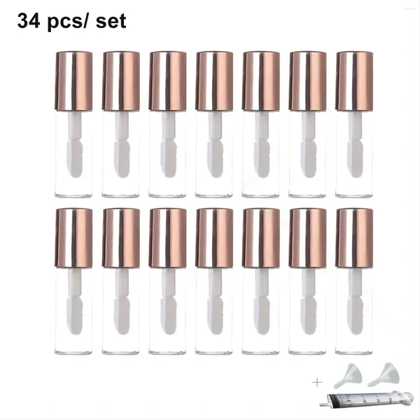 Speicherflaschen 34pcs 2 ml leere transparente PE -Lipgloss -Röhrchen Kunststoff Röhrchen Lippenstift Mini Probe Kosmetischer Behälter Roségold Gold