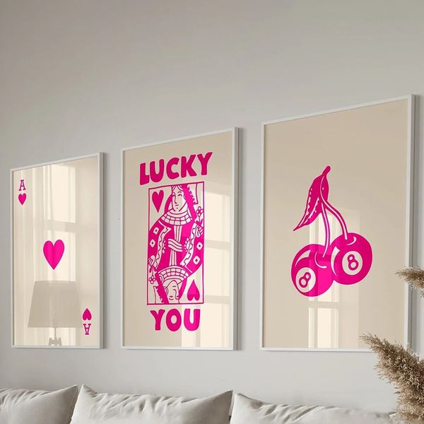 3pcs Modaya uygun retro duvar sanat posterleri Set Lucky You Estetik Kraliçe Kalpler Tuval Resimleri Ace Kart Funky Resimler Dekor 240425