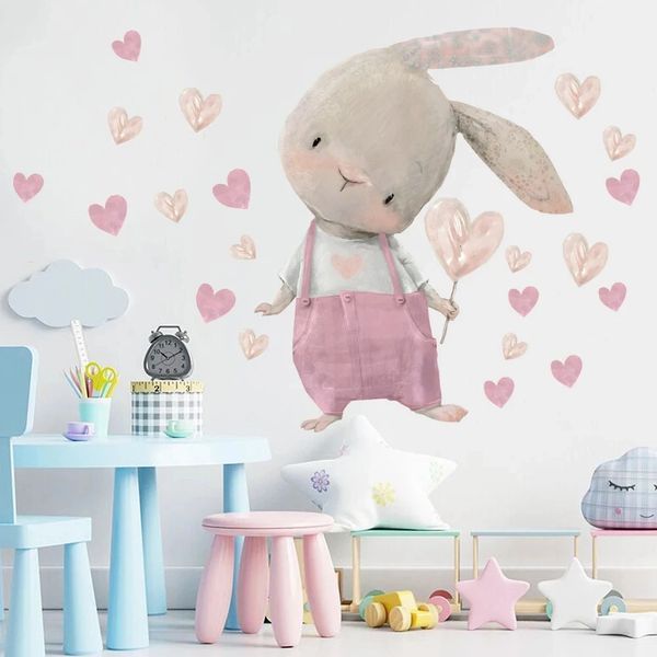 Sevimli Bunny Hearts Duvar Çıkartmaları Çocuklar İçin Çocuk Odaları Kızlar Bebek Oda Dekorasyon Kravat Kawaii Karikatür Tavşan Duvar Kağıdı Vinil 240429