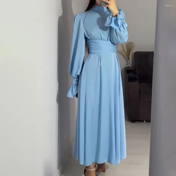 Etnik Giysiler Düğmesi fırfır kolu Abaya Ramazan Eid İslami Mütevazı Saten Maksi Elbise Kemer Çapraz Bel Gece Elbise Müslüman Kadınlar İçin