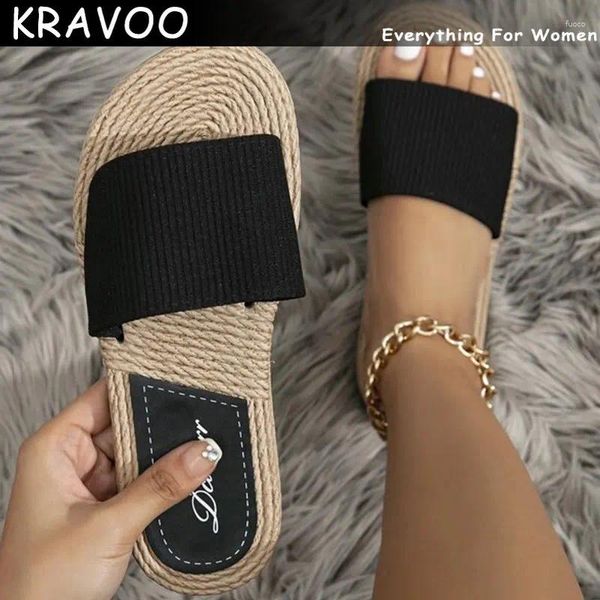 Slippers Kravoo 2024 praia linho de linho Feminino plano de salto plano Slides leves de costura de tira cruzada Sapatos femininos sandálias femininas sandálias femininas