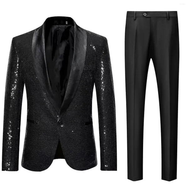 Erkekler takım elbise payetleri ceket siyah şal kucaklı pantolon bir düğme iki parçalı parti yemek balo balo smokin