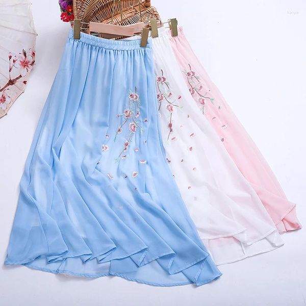 Röcke Tingyili Vintage Ethnische Blumenstickerei Langer Rock Frauen Sommer Boho Beach Chiffon Korean Blau Pink Weiß A-Linie