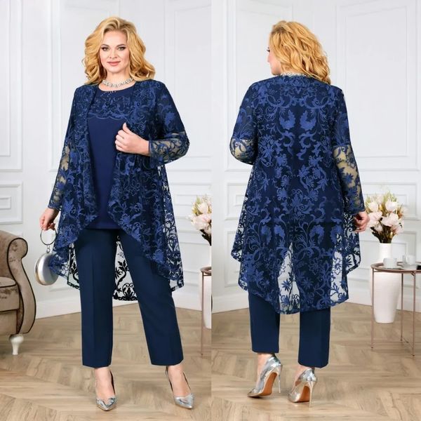 Navy Blue Lace Mathers Abito con pantalone con maniche lunghe Giacca per ospiti da matrimonio Plus Size abiti da battuta di abiti da sposa