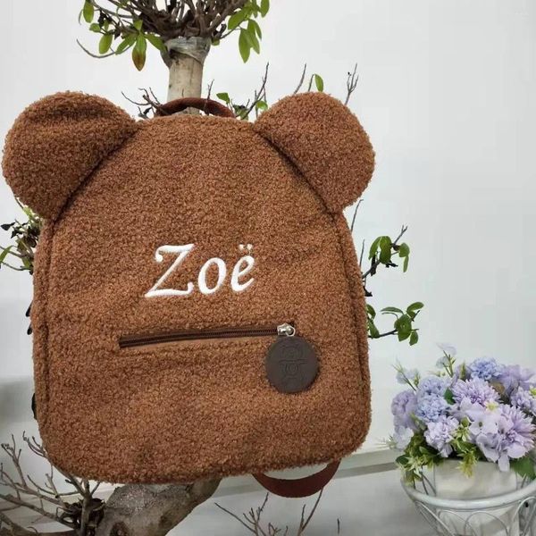 Bolsas escolares bordados personalizados urso mochila bordada crianças portáteis viagens compras rucksack ombro fofo feminino