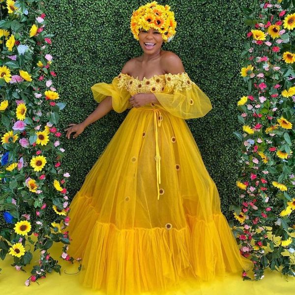 Abiti per feste 2024 pizzo e appliques 3d daisy tulle lungo giallo fuori dalla manica a soffio di abiti da compleanno