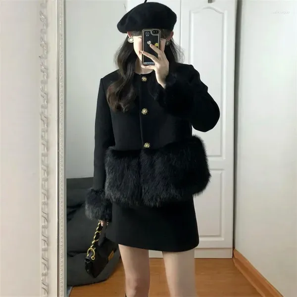 Vestidos de trabalho 2024 Fall Winter Women Mulheres de lã de lã comprida Fazinho Faux Fur pente solteira casaca de peito mini -saia sólida cor preta quente conjuntos de combinação