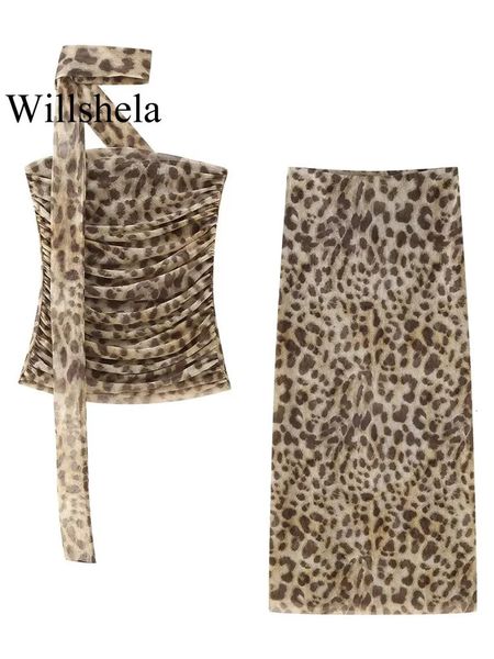 Willshela Women Fashion 2 pezzi set di tulle Leopard Tops a pieghe vintage alta gonna midi con gonna femminile chic lady ghirts 240429
