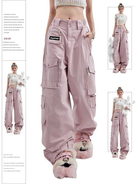 Frauenhose rosa Ladung Vintage Y2K Harajuku 90er ästhetische Baggy -Taschen Übergroße Taille breite Hose 2000er Jahre Kleidung