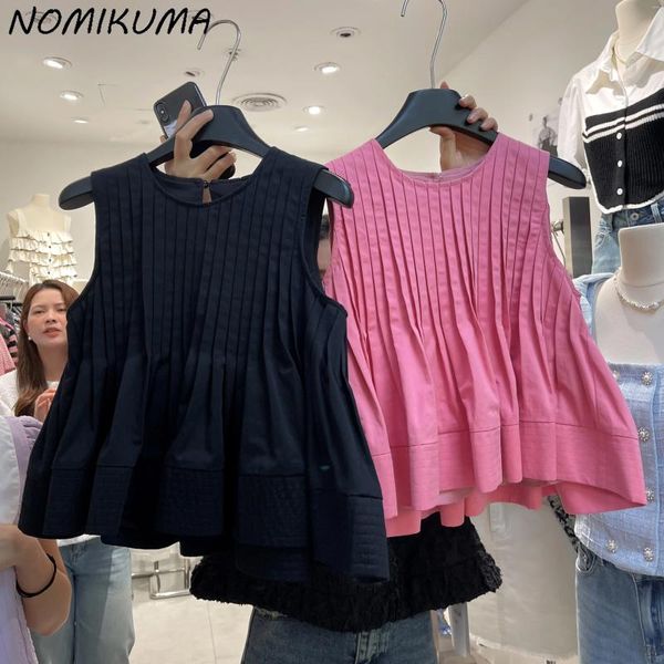 Женские блузки Nomikuma 2024 Summer Fashion Sweet Solid Folds без рубашки DOL Caseal O-образное шикарное пуловер Blusas de Mujer