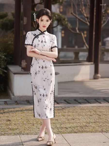 Roupas étnicas moda chiffon chiffon vintage chongsam elegante estilo chinês vestido de flor estampa de flor qipao vestido de banque
