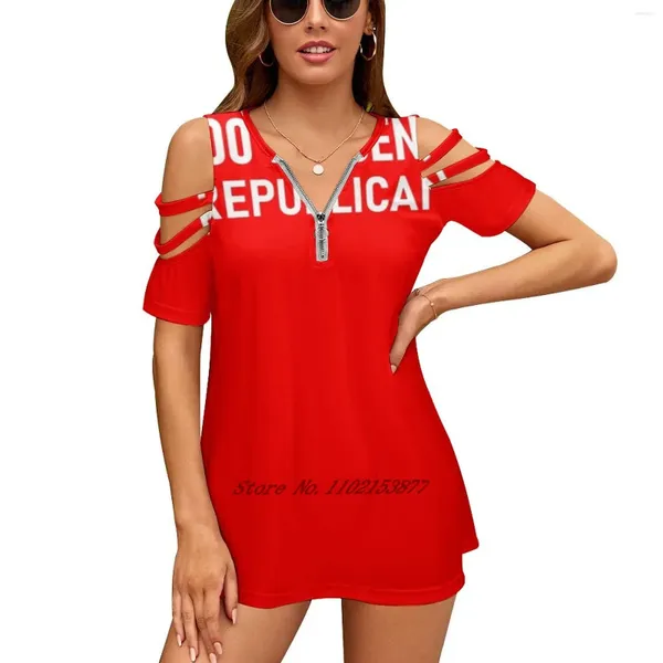 Camisas femininas T-shirt Republican Casual Tops de mangas curtas casuais com zíper em vinicho em V Ladies Loose