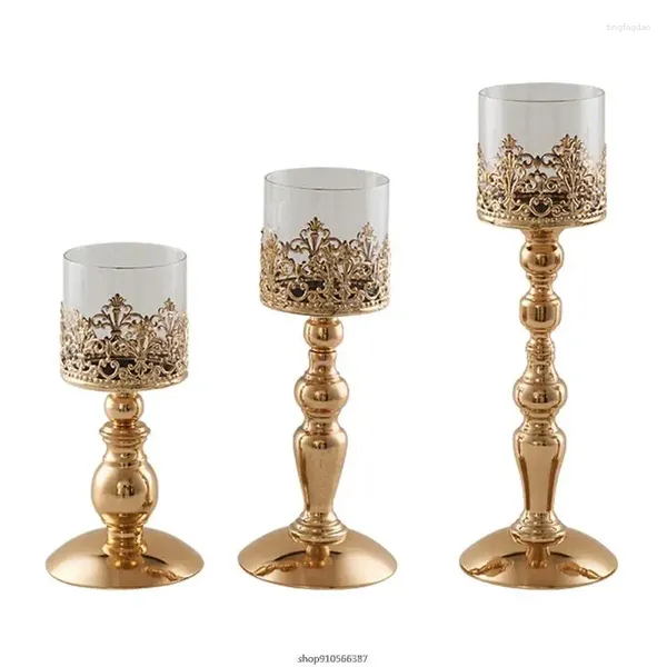 Titulares de vela elegante portador de ferro banhado Decorações de chá de vidro Decorações clássicas Stand cera Candlestick 21wholesales