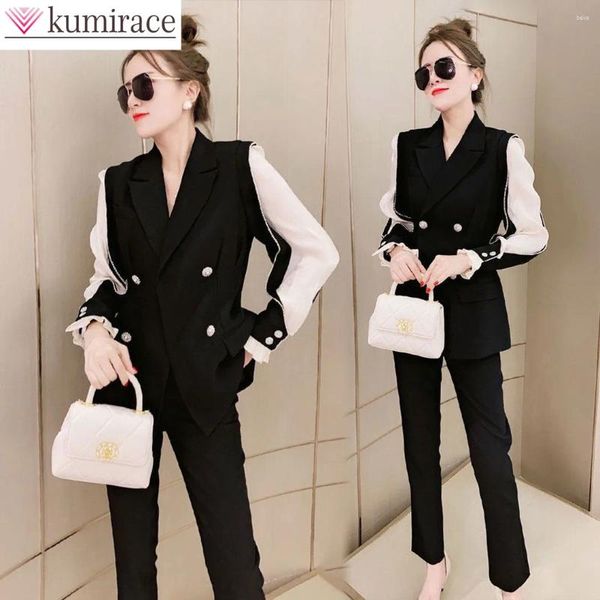 Damen zweisteuelhafte Hosen V-Ausschnitt Langarm Chiffon Anzug Jacke Blazer Bleistift Set Elegant Office Casual Outfits