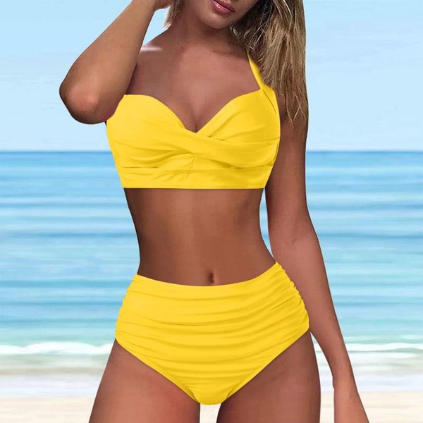 Costumi da bagno femminile estate solido arricciata femmina con costume da bagno a vita alta a vita da bagno che nuota abito da bagno a due pezzi set di tankini monokini