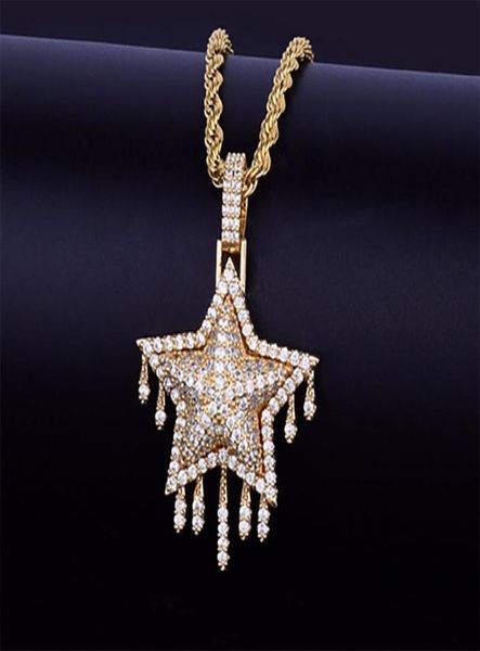 14k Gold plattiert eisiges Labor Diamant Star Tropf Anhänger Frauen Frauen mit 24 -Quot -Seilkette Halskette Silber Gold Farbe Zirkon Hip Hop Jude 3130055