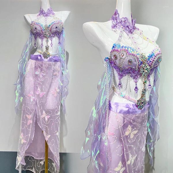 Стадия ношения фиолетового хрустального бикини сексуально танцевальные костюмы клуба клубная одежда Gogo Dancer Performance Clothing Vdb6953