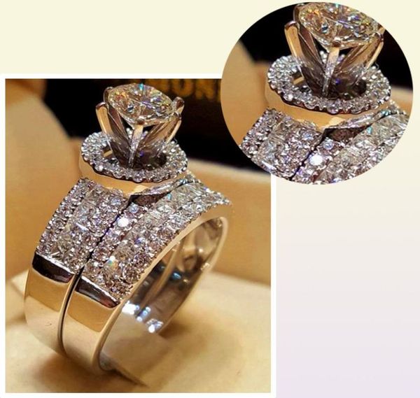 Роскошные хрустальные бриллианты женщины Большое циркон каменное кольцо набор моды 925 Серебряные свадебные обручальные кольца для женщин Обещают любовь 3641320
