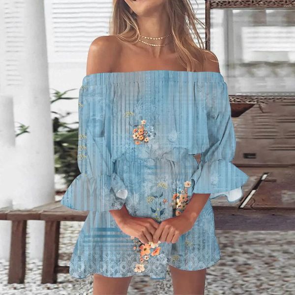 Lässige Kleider Boho Blumen für Frauen 2024 Sommer sexy Off Schulter Rüste Ärmel Tunika Beach Mini Sunddress Vestidos