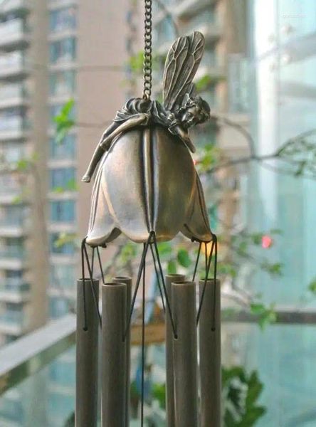 Estatuetas decorativas que soam com bronze fundido anjo windchimes com 6 tubos de bronze vintage pendurado no greve de vento de cobre ornamentos de jardim ao ar livre em casa