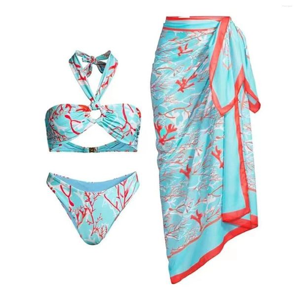 Momento de banho de banho feminina de biquíni de alto corte para mulheres Set 3 Boho Printage Print Halter Strappy Swimsuits Push Up Swimsuit