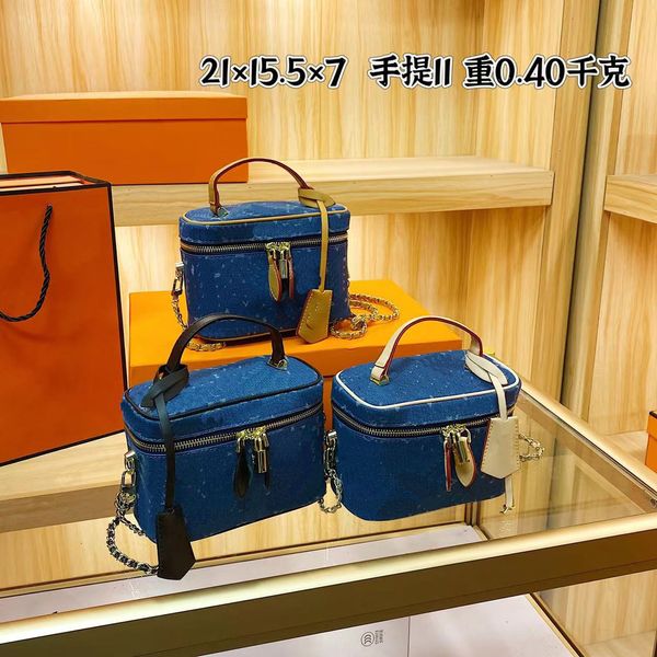 Basta per trucco da donna Portable Travel Borse Cosmetic Borse blu in pelle Denim Borse da toeletta da toilette Luxury Design Storage Case di grande capacità