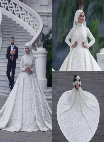 Hoher Hals Langarm Arabisch Hijab Muslim Brautkleider 2020 Romantische Applikationen Spitze weiße Brautkleider Court Zug Abiti da Spo8080704