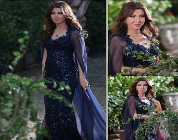 2015 г. Рами Кади Русалка Вечернее платье для арабских арабских арабских платьев с длинными темно -синим блестками