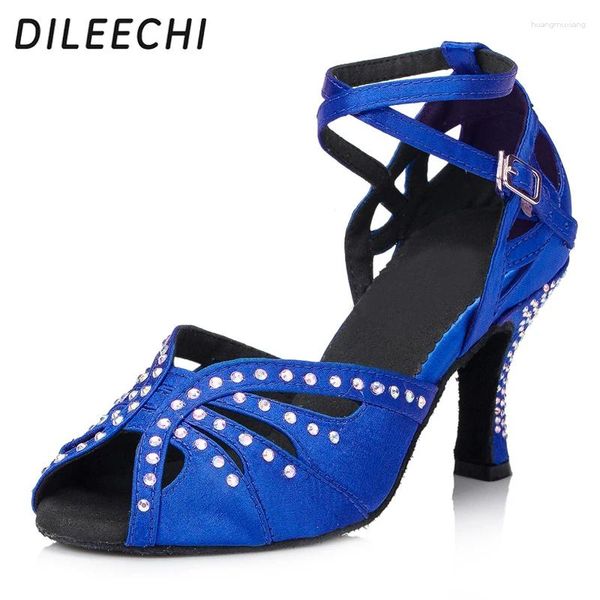 Scarpe da ballo dileechi blu raso diamante latino da donna morbida di suola da ballo da 7,5 cm per la festa da ballo