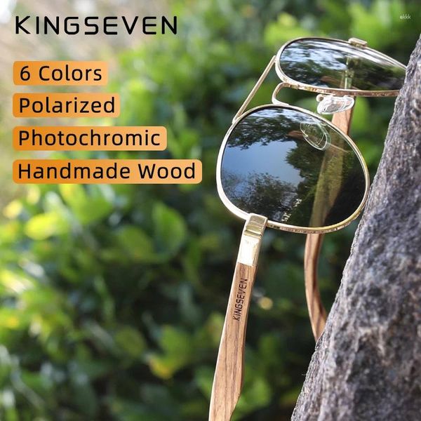 Óculos de sol Kingseven pilotos Pochromic Men polarizados UV400 Moda de óculos de sol Mirror Wood Sun Glasses Driving Oculos