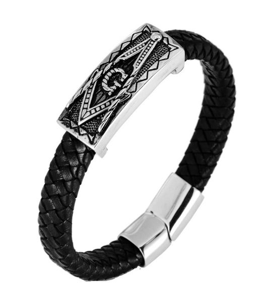 Símbolos de pedreiro de couro real de couro preto punk pulseira de corrente de link de alta qualidade moda Men039s 316l aço inoxidável maçônico B5637832