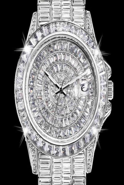 Armbanduhren vollständig Baguette Diamond Uhr für Männer vereiste Quarz Männer Uhren Hip Hop Männlichem Waterdes Silber Reloj Hombre D2998885