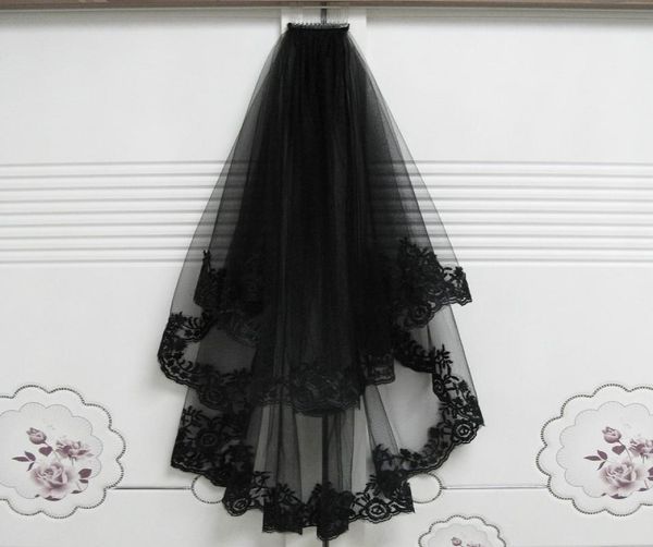 Short Wedding Veils Halloween Decoration Nero con pettine Accessi per capelli a due strati Accessorio per capelli Mariage Bride Veils 65cm85cm 2012193601