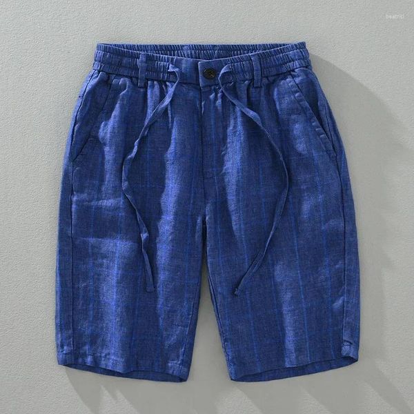 Shorts masculinos 2024 xadrez xadrez de verão para homens puro linho de linho e elástico de calça curta de calças curtas