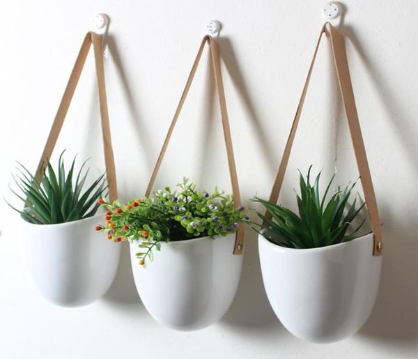 3pcs suculentos portador de flores domésticos decorativo com corda pendurada na parede de plantador branco prático elegante cerâmica moderna c11152782033