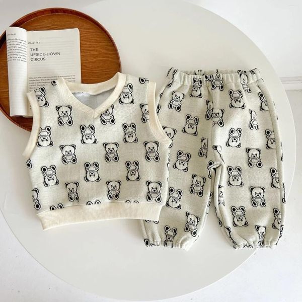 Conjunto de roupas conjunto de bebê 2024 desenho animado de outono urso garoto de duas peças de roupas sem mangas colete #name?Terno da menina