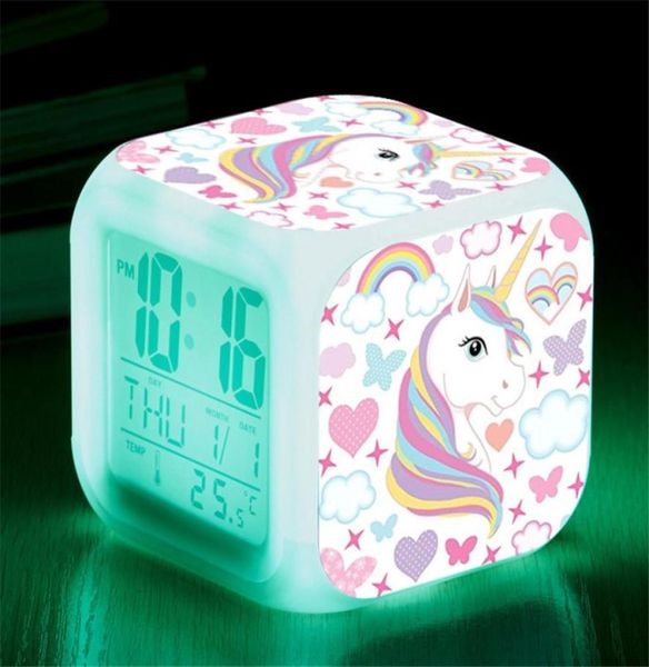 Cartoon Unicorn Alarm Clock LED Digital Clocks Digital Relógio Crianças Relógio do aluno Relógio 7 Alteração da cor Night Light Termômetro Presente2536072