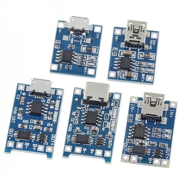 5pcs 5v 1a micro/tipo-C/mini 18650 TP4056 Placa de carregamento de carregamento de carregador de lítio com proteção dupla funções