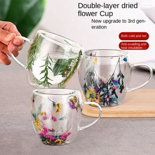 Weingläser kreativer Doppelwandglas Tasse mit Griffen hitzebeständige Kaffeetasse getrocknete Blumenfüller Tee Getränk Geschirr
