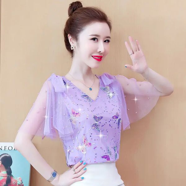 T-shirt Temperament Shirt Chiffon Shirt Women's Summer 2023 Fashion New Net Yarn Western Style Allmatch Casual Shortlevened Top