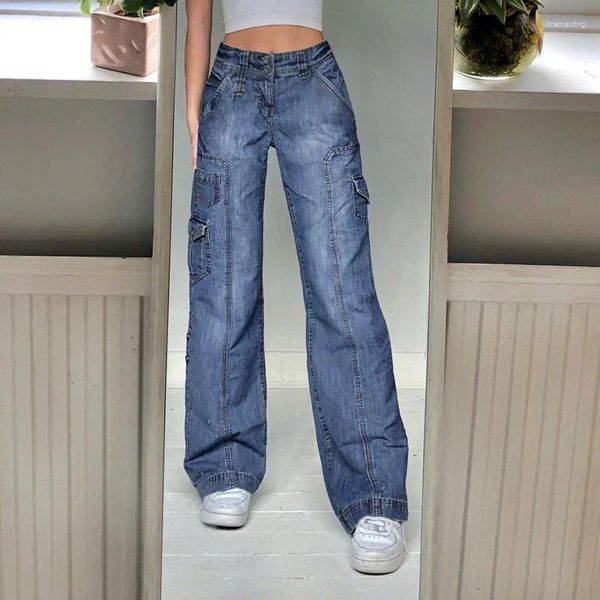 Jeans femminile y2k streetwear da donna tasche a gamba larga in alto in vita