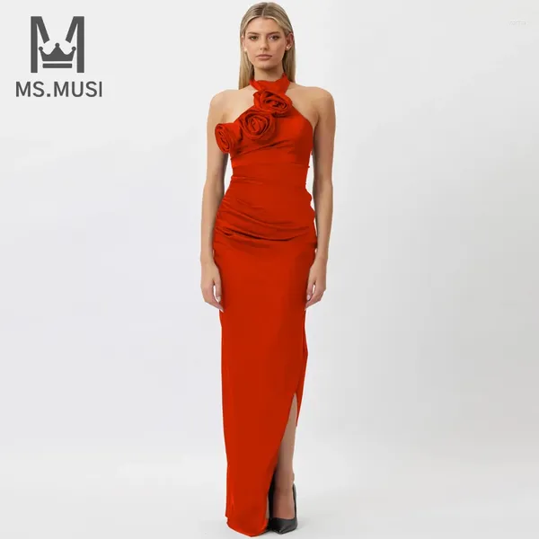 Vestidos casuais msmusi 2024 Moda Mulheres Sexy Halter Decoração Floral Decoração Sem Madeis Backless Bodycon Party Slit Maxi Dress Vestio Longo